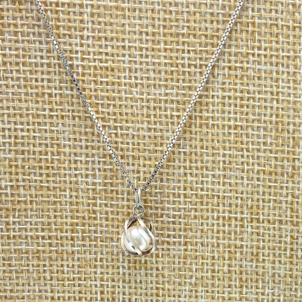 Vintage Necklace Sterling Silver Italy Box Chain White Pearl Cage Pendant 18"